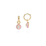 18k yellow gold frame earrings with pink opal with diamonds by Sauer Tiny Gods