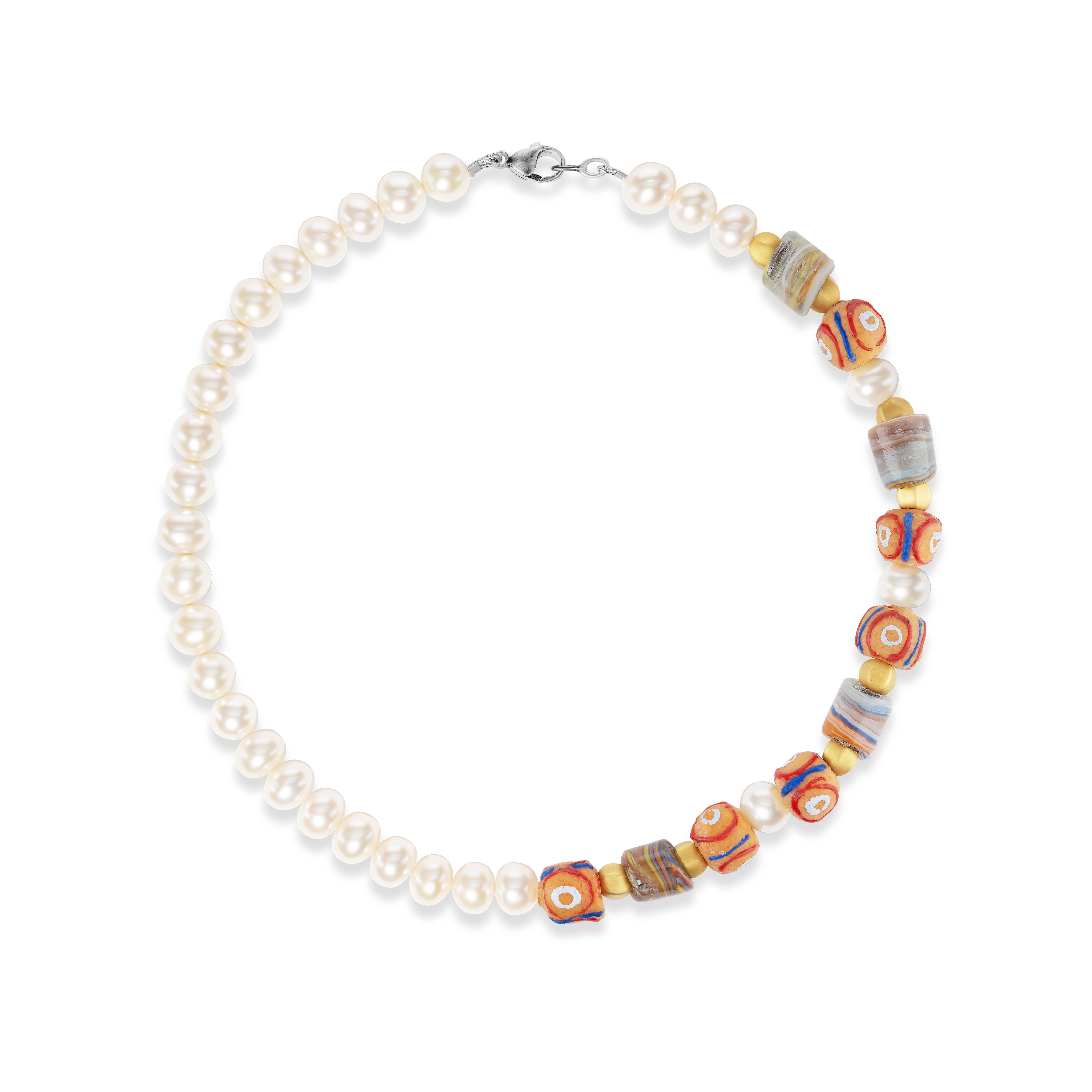 18k yellow gold and freshwater pearl choker necklace with gold beads and Murano orange tie dye beads by Sylva & Cie Tiny Gods 