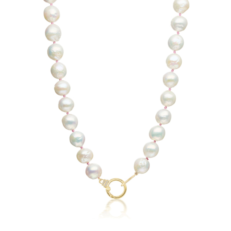18k yellow gold 26" freashwater pearls with pink silk chord by Sorellina Tiny Gods