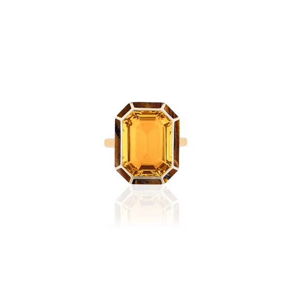 18k yellow gold melange emerald cut citrine and tiger's eye ring by Goshwara Tiny Gods