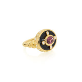 18k yellow gold onyx and diamond garnet Crucis ring by Sauer Tiny Gods