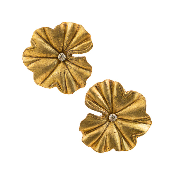 18k yellow gold marquetry earrings in geranium leaf format gold leaf with champagne diamond statement earrings by Silvia Furmanovich Tiny Gods