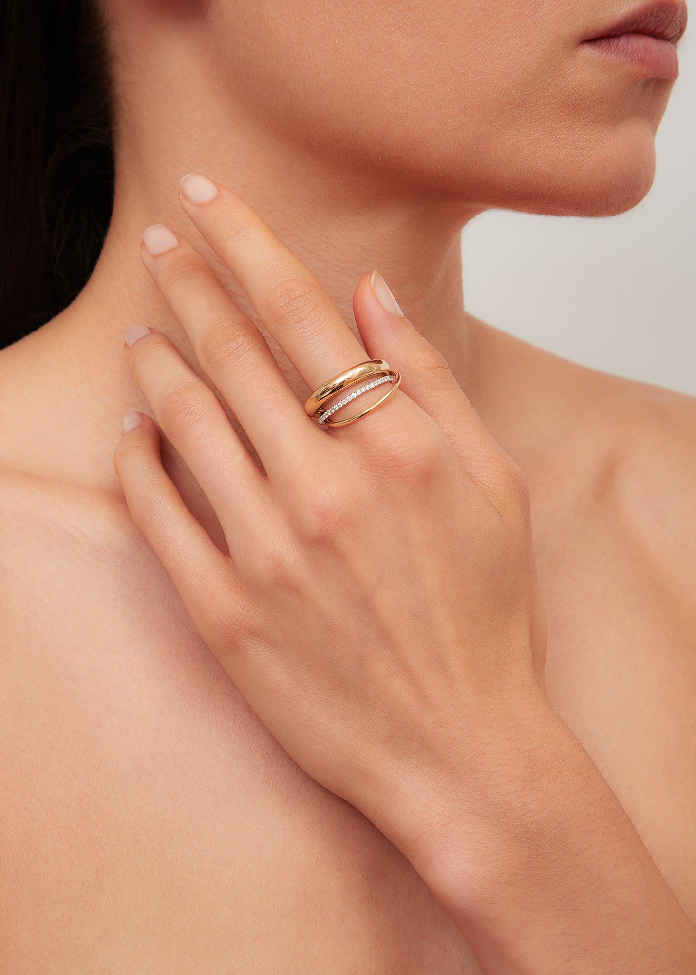 9k yellow gold Lisse pm diamond triple band connected ring polished by Yvonne Leon Tiny Gods 