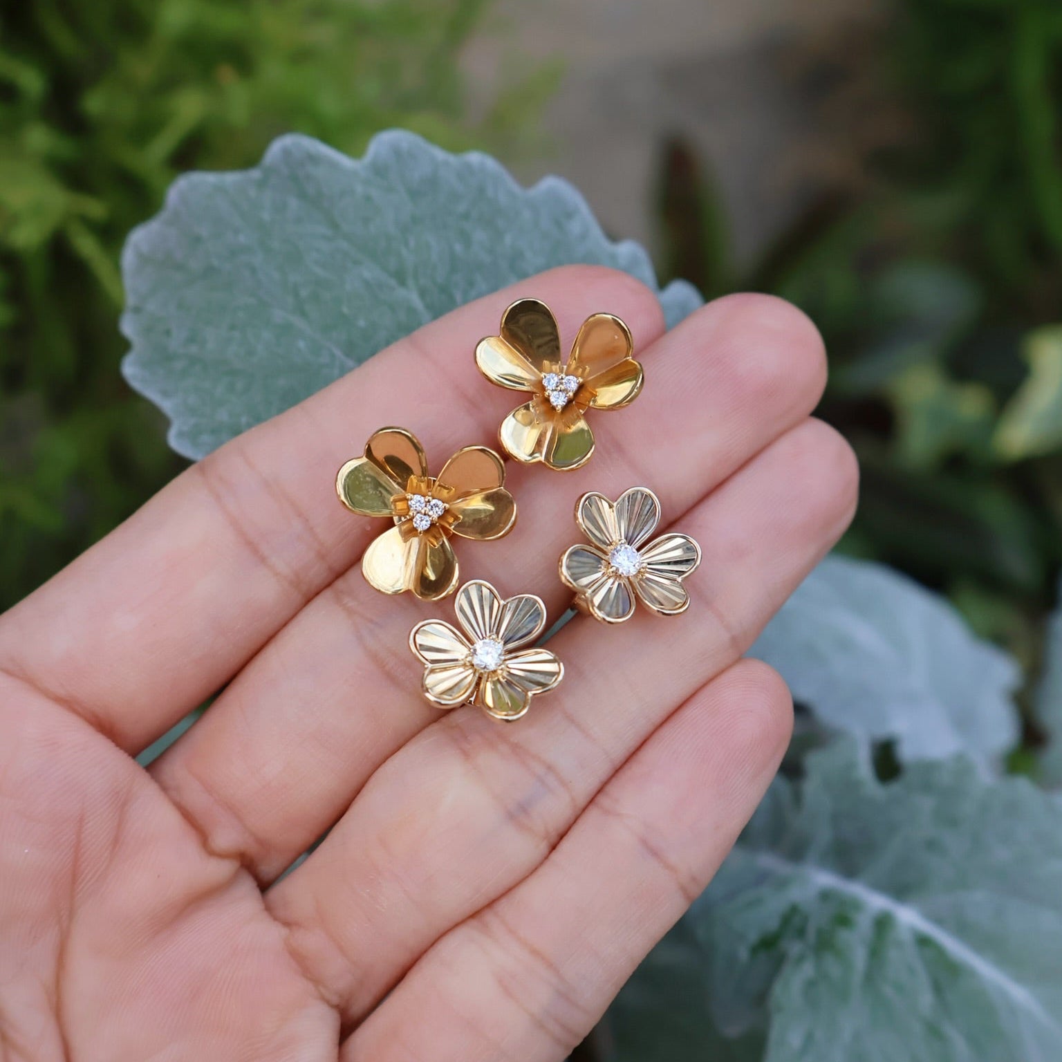 14k yellow gold pleated diamond flower studs Tiny Gods