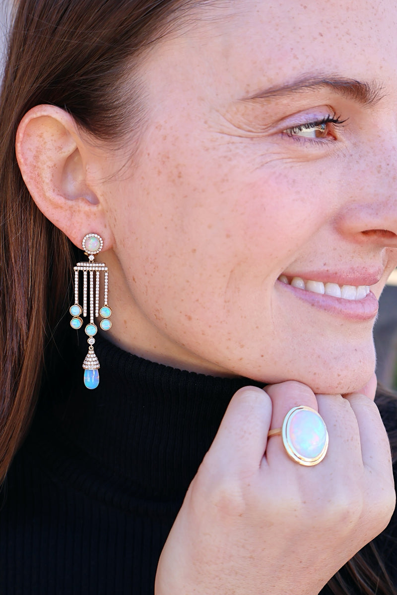 18k yellow gold diamond and opal dangle chandelier statement earrings by Goshwara Tiny Gods