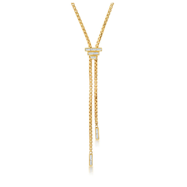 18k yellow gold diamond bolo baguette necklace by Graziela Tiny Gods