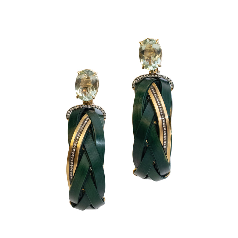 18k yellow gold green bamboo hoop earrings with diamonds and prasiolite by Silvia Furmanovich Tiny Gods
