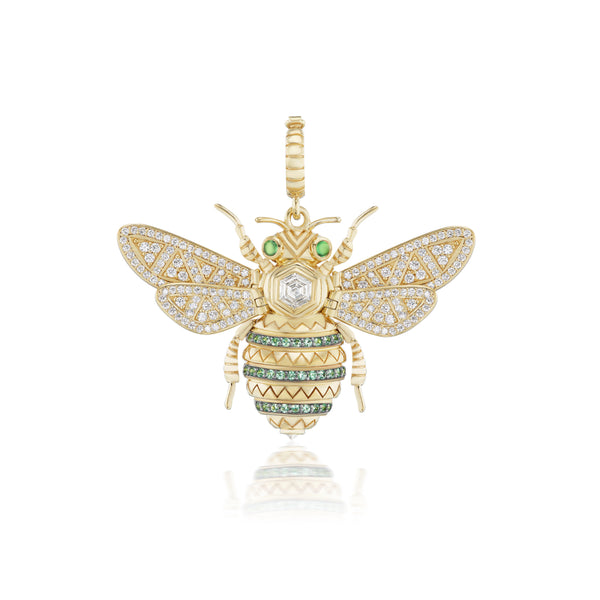 18k yellow gold green tourmaline, tsavorite and diamond honey bee pendant by Harwell Godfrey tiny Gods