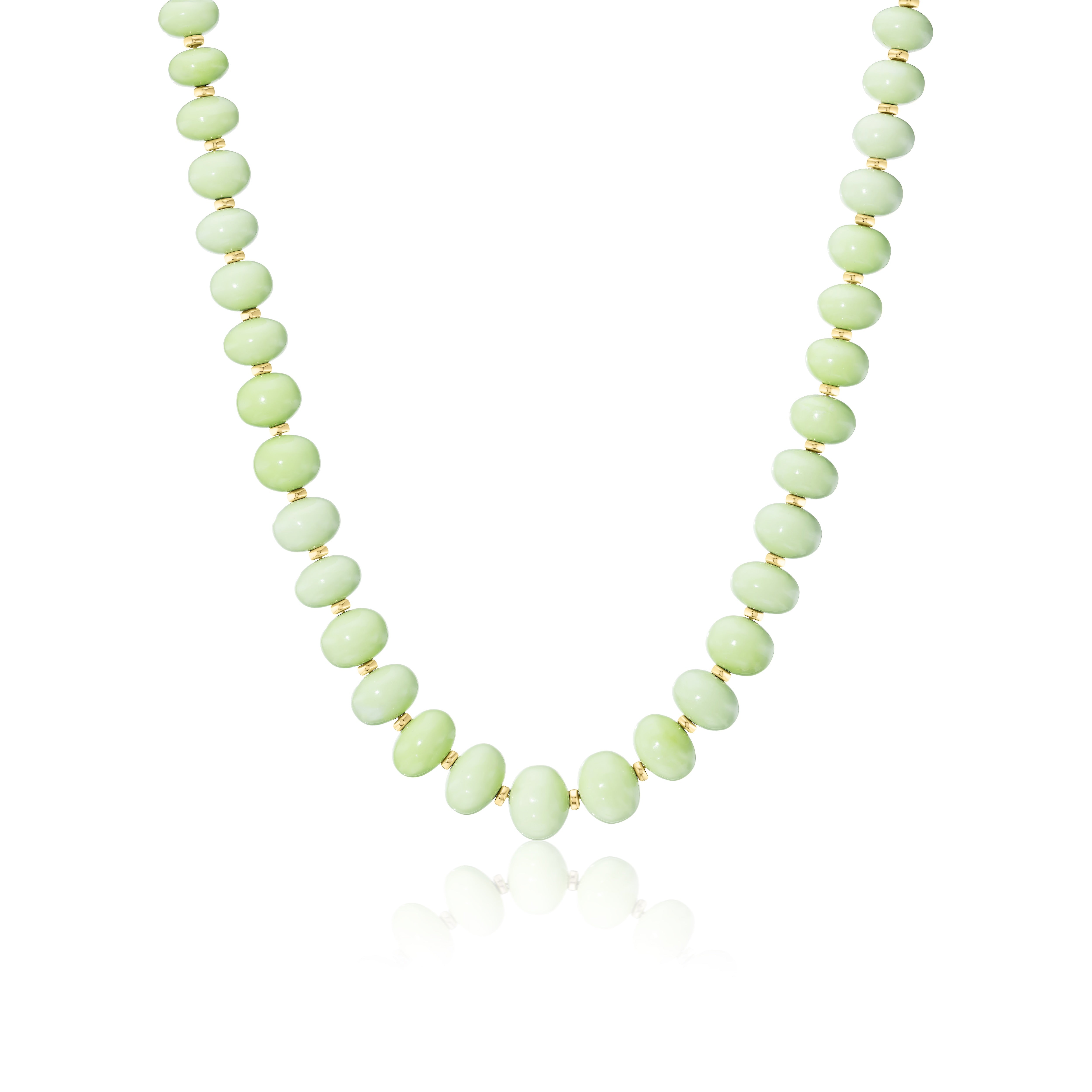 18k yellow gold green able gaspeite and gold graduated beaded long strand necklace 