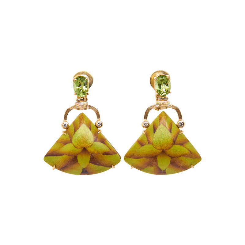 18k yellow gold petite green marquetry earrings with peridot and diamonds by Silvia Furmanovich Tiny Gods