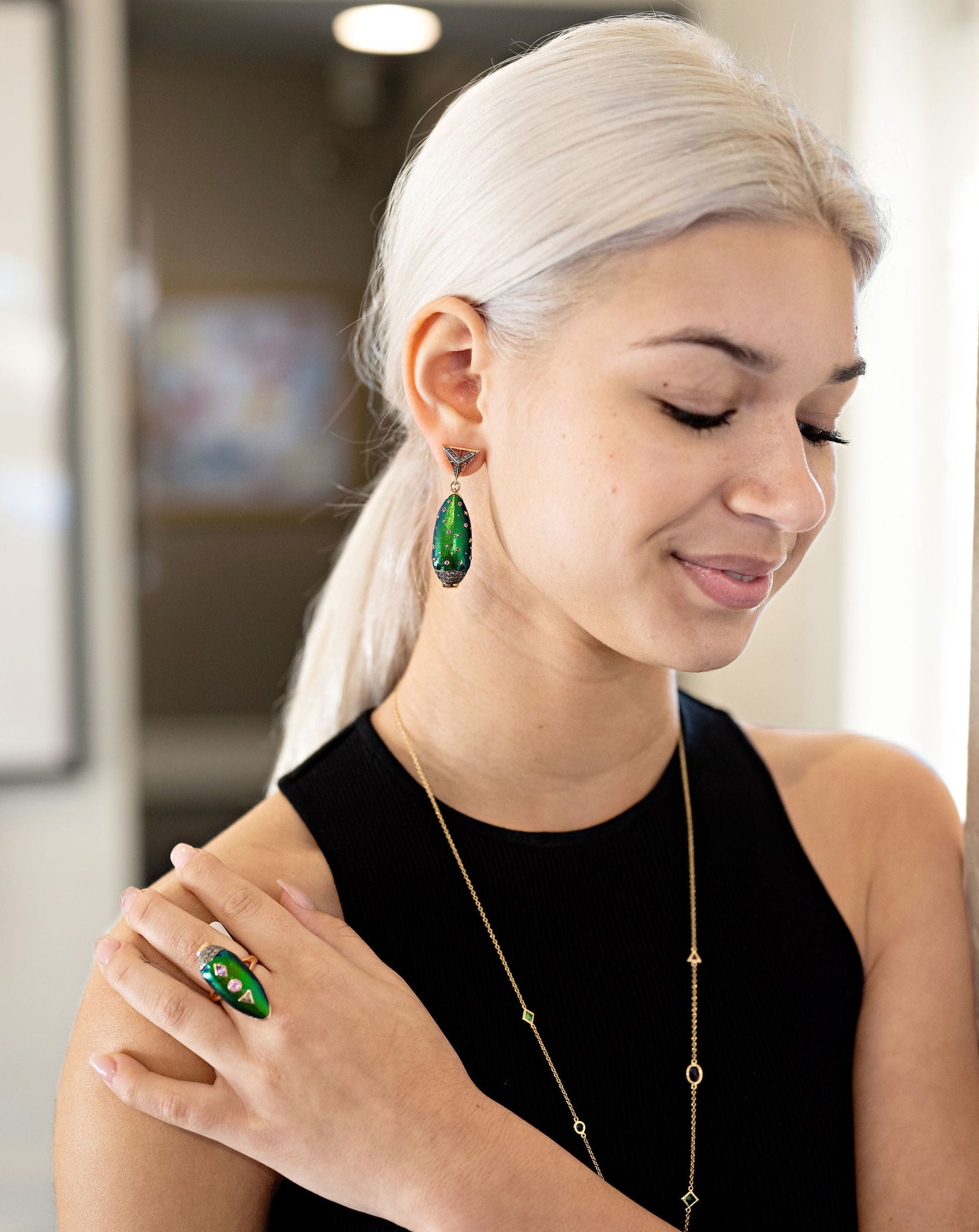 18k rose gold diamond up side down sapphire scarab triangle blue green earrings by Bibi van der velden Tiny Gods 