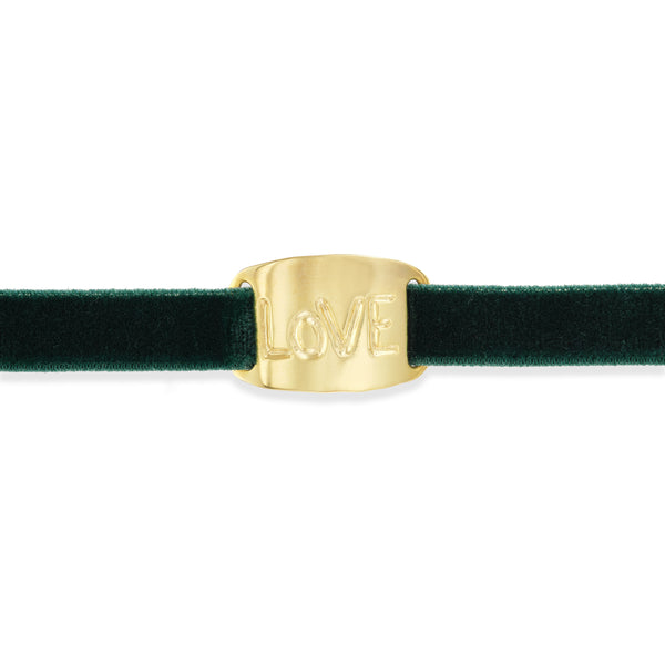 18k yellow gold love mantra gold plate green velvet elastic stretch bracelet by Christina Alexiou Tiny Gods 