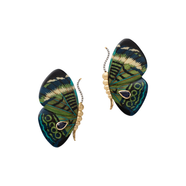 18k yellow gold green blue teal butterfly marquetry earrings with kyanite and diamond antennae by Silvia Furmanovich Tiny Gods