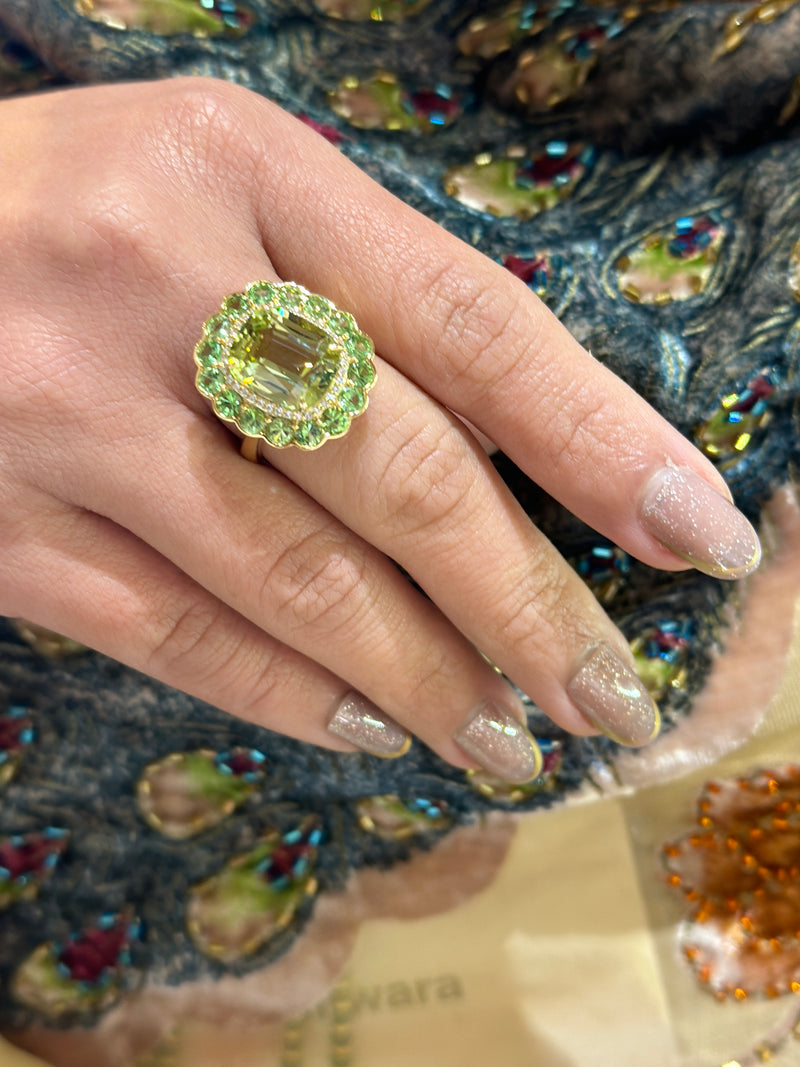 18k yellow gold green tourmaline cushion cut ring with diamond halo and tsavorites by Goshwara Tiny Gods