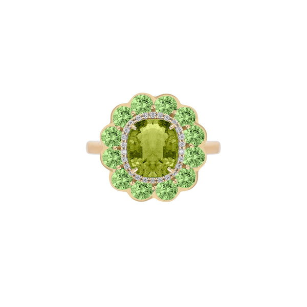 18k yellow gold green tourmaline cushion cut ring with diamond halo and tsavorites by Goshwara Tiny Gods