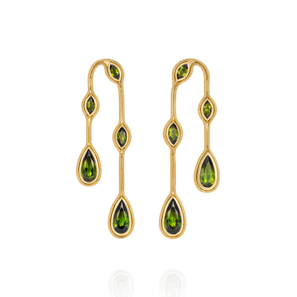 18k yellow gold fluid doubled drop earrings with green tourmaline encased in gold by Fernando Jorge Tiny Gods