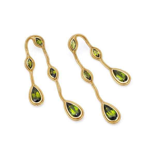 18k yellow gold fluid doubled drop earrings with green tourmaline encased in gold by Fernando Jorge Tiny Gods