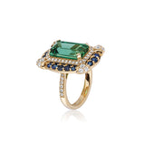 Green Tourmaline Emerald Cut Ring with Sapphire Border