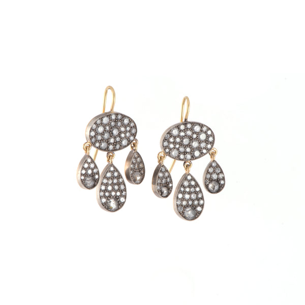 18k yellow gold baby dangle earrings with grey diamonds in sterling silver oxidized by Sylva & CIe Tiny Gods