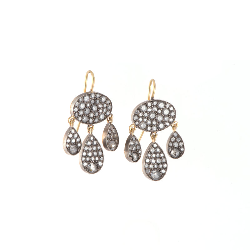 18k yellow gold baby dangle earrings with grey diamonds in sterling silver oxidized by Sylva & CIe Tiny Gods
