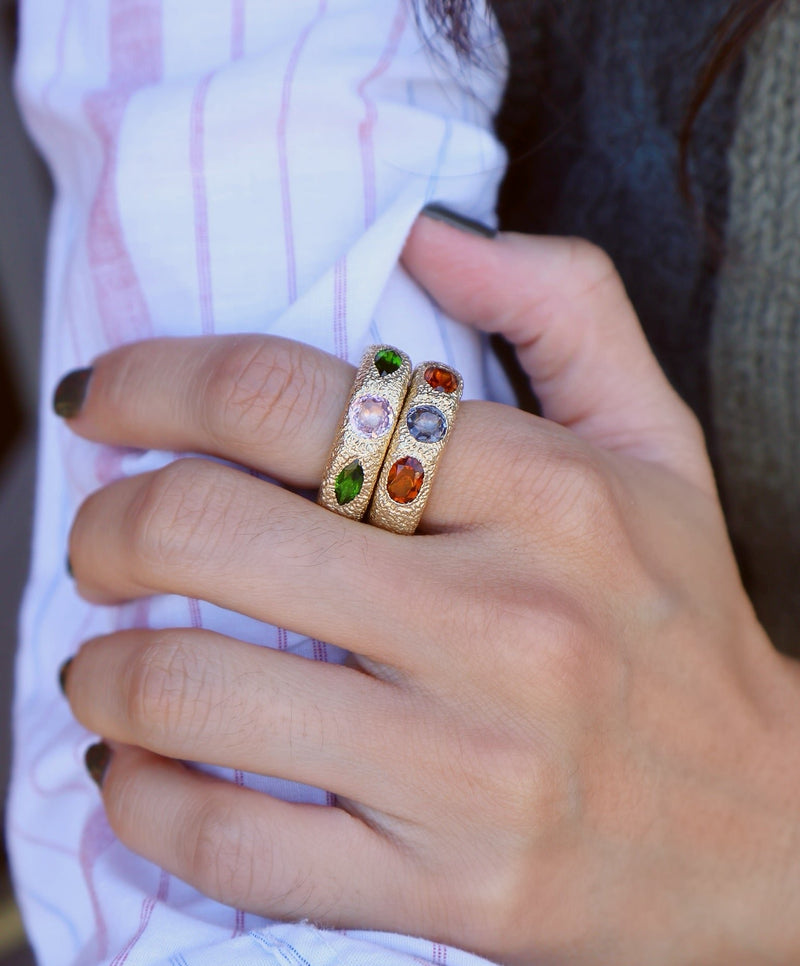 14k yellow gold hand hammered Quinine VI ring with chrome diopside and pink spinel by Rene Barnes Tiny Gods