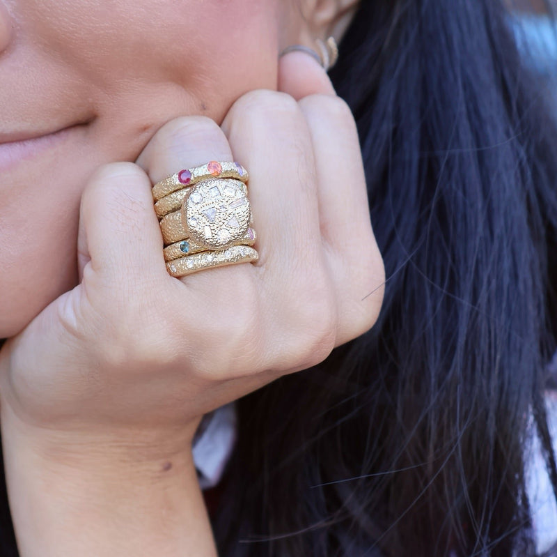 14k yellow gold hand hammered Hollywood dome ring with diamonds by Rene Barnes Tiny Gods