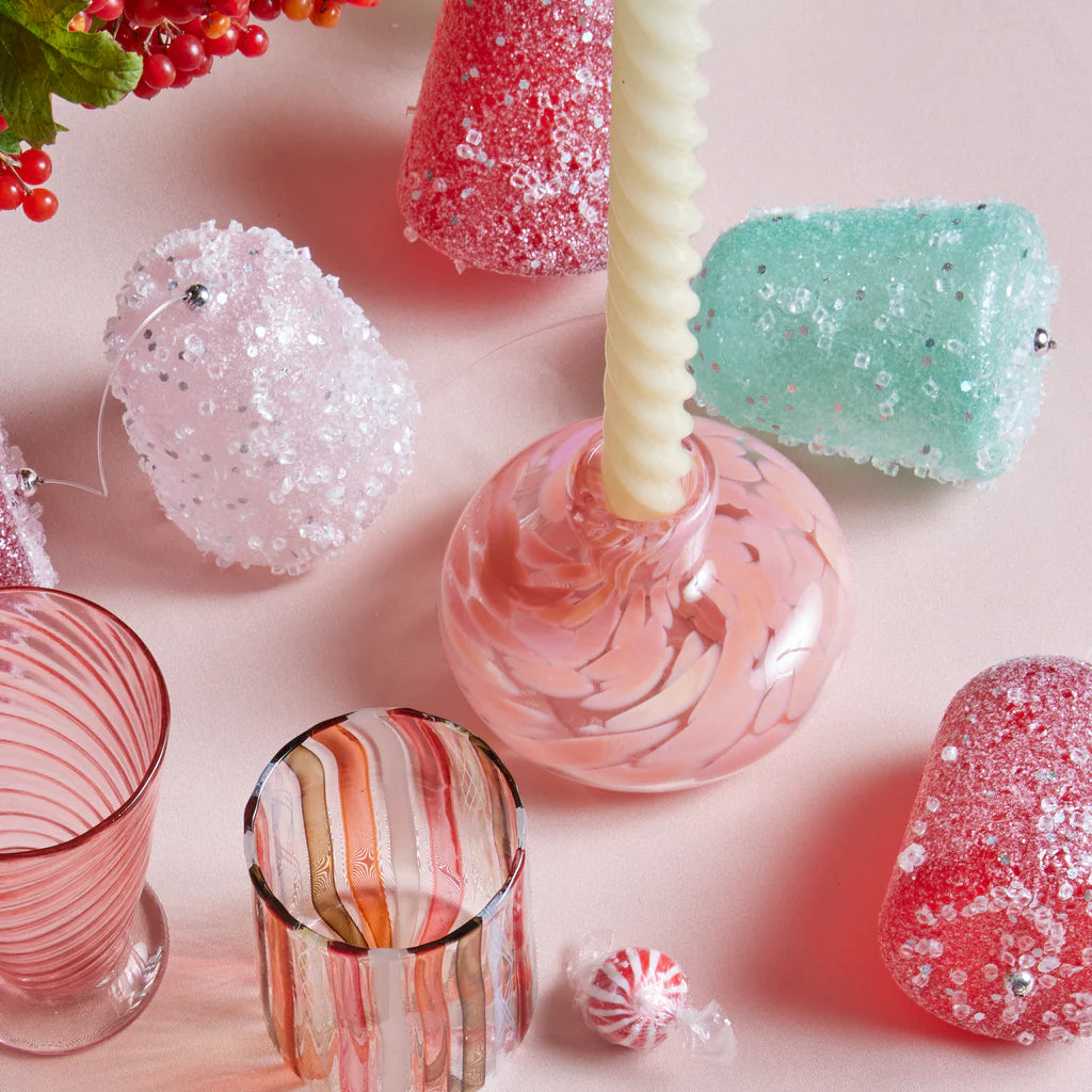 hand blown pink transparent flower bud vase taper candle holder by Paul Arnhold Tiny Gods 