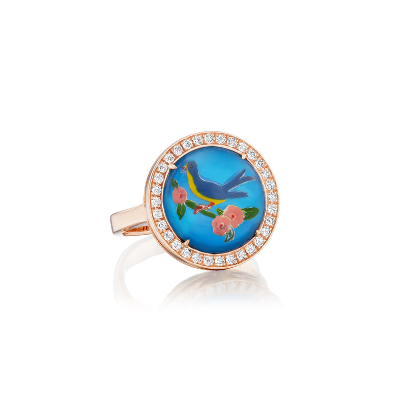 18k rose gold hand painted blue bird flower ring with vintage Essex crystal and diamonds by Francesca Villa Tiny Gods