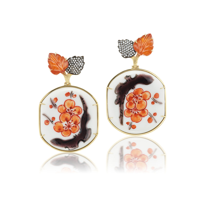18k yellow gold ceramic painted cherry blossoms with garnet and diamond leaf earrings by Silvia Furmanovich tiny gods