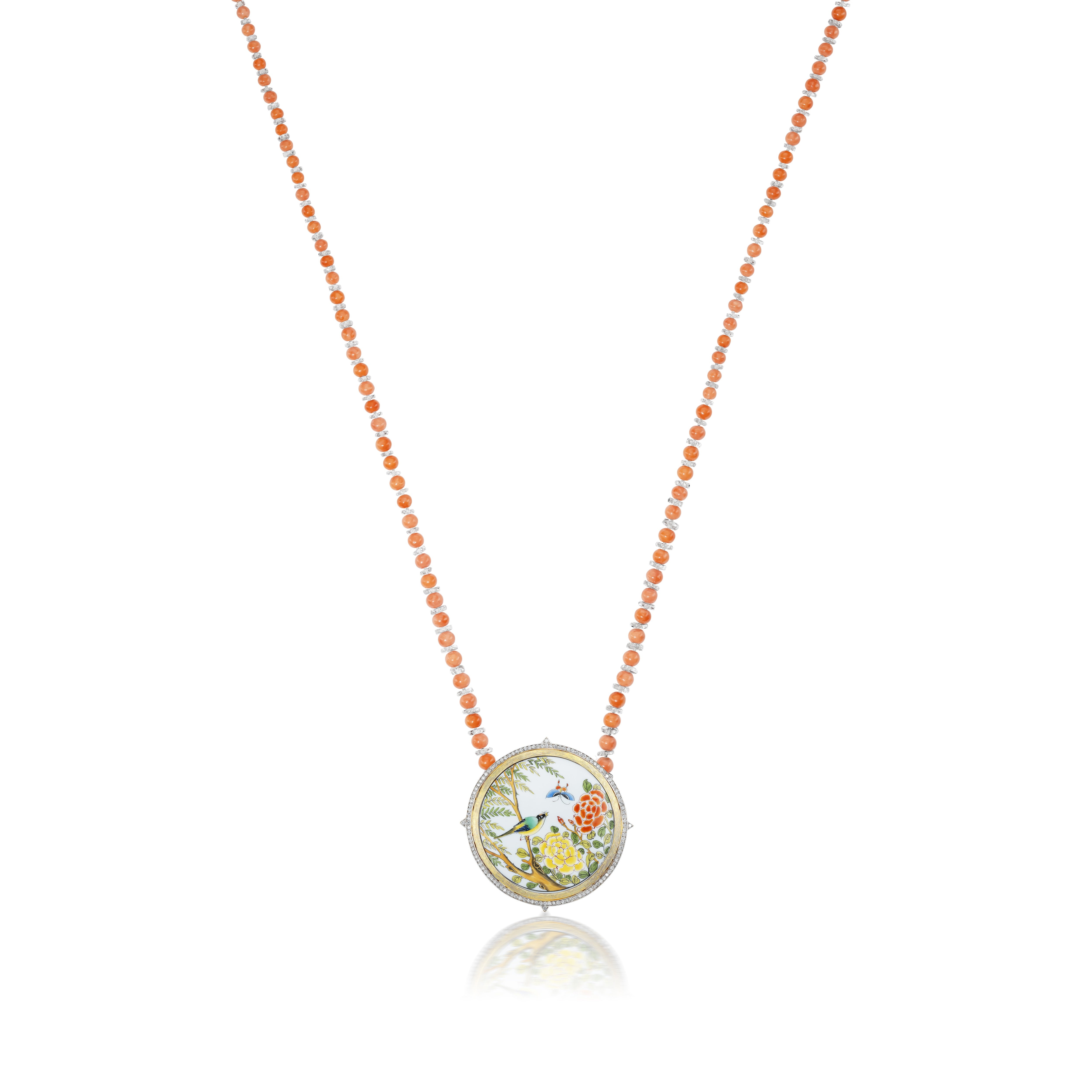 18k yellow gold and diamond hand painted bird floral flowers pendant ceramic piece on a coral beaded necklace by Silvia Furmanovich Tiny Gods 