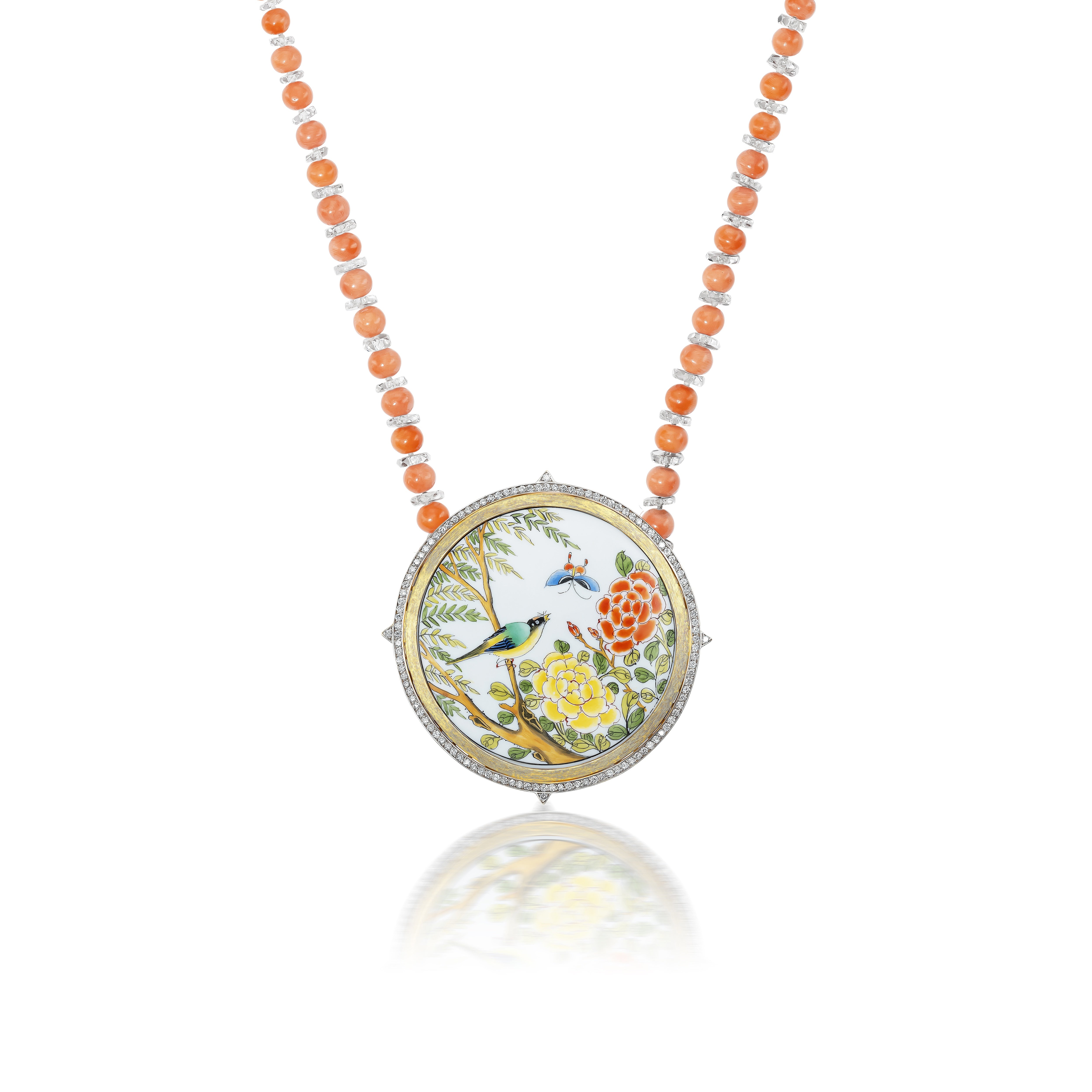 18k yellow gold and diamond hand painted bird floral flowers pendant ceramic piece on a coral beaded necklace by Silvia Furmanovich Tiny Gods 