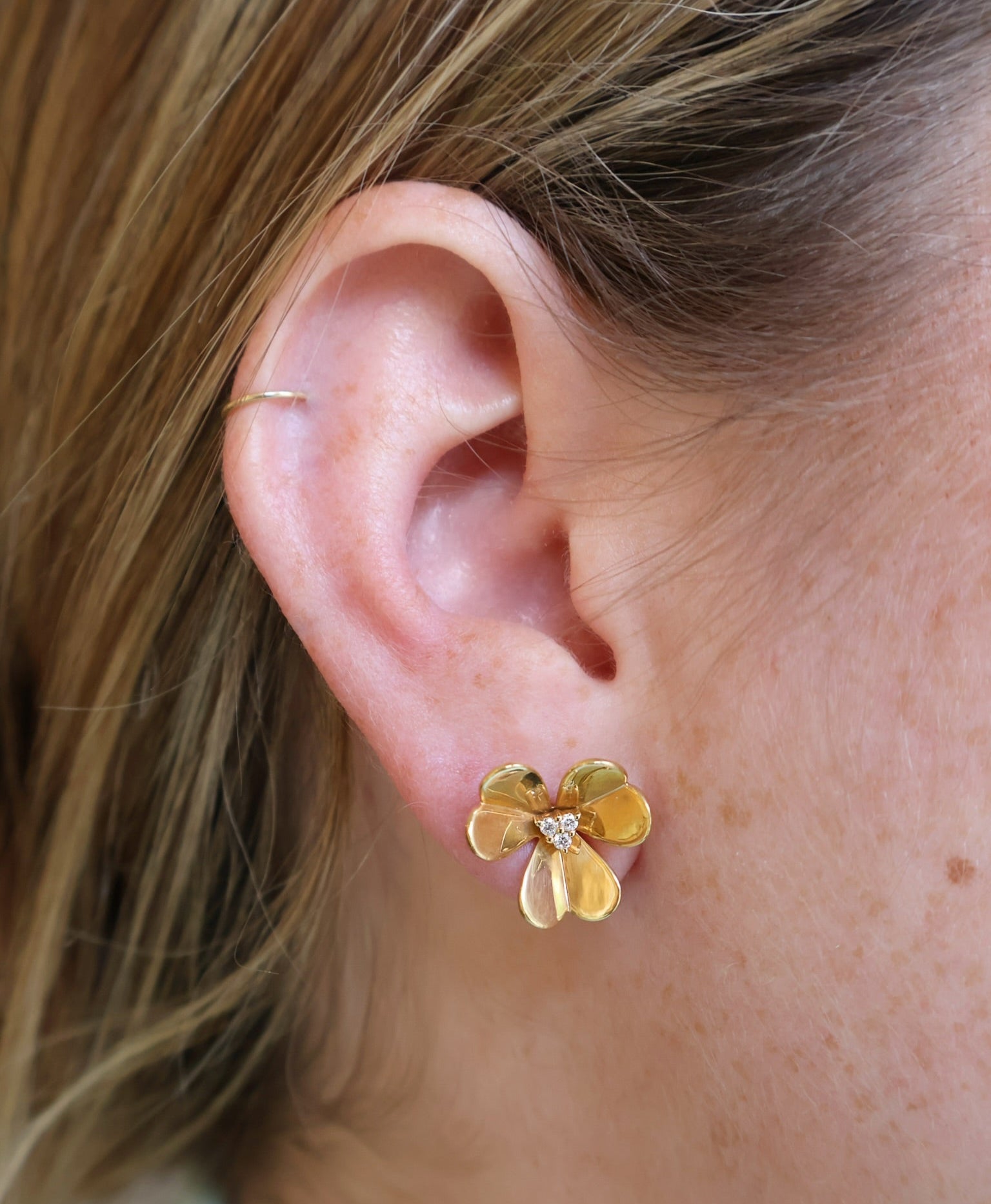 18k yellow gold diamond heart petal flower three van clef stud earrings Tiny Gods 