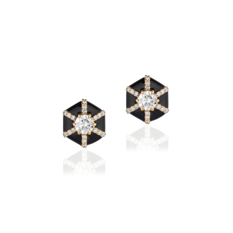 18k yellow gold black enamel and diamond hexagon stud earrings by Goshwara Tiny Gods