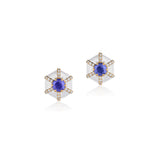 18k yellow gold hexagon white enamel and tanzanite studs with diamonds by Goshwara Tiny Gods