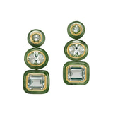 Sauer 18k yellow gold Igapo earrings with tourmaline and prasiolite surrounded by smooth jade in a circle, oval and square shape. The semi-precious stones are bezel set and have a post back.