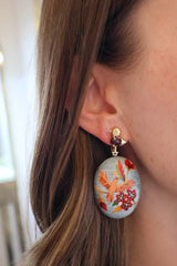 Oval Bird Pattern Marquetry Earrings with Garnet