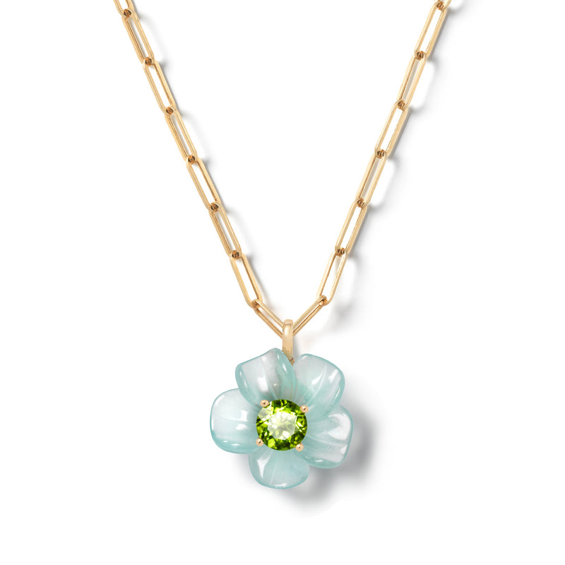 14k yellow gold big island aquamarine and peridot carved flower pendant by Sophie Joanne Tiny Gods