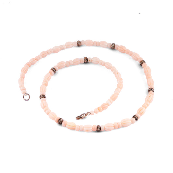 14k white gold Japanese pink oral beaded necklace with sterling silver diamond rondelle beads by Sylva & Cie Tiny Gods