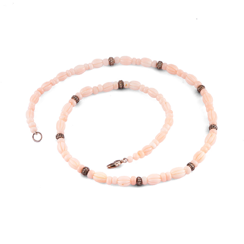 14k white gold Japanese pink oral beaded necklace with sterling silver diamond rondelle beads by Sylva & Cie Tiny Gods