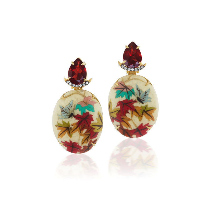 18k yellow gold Japanese maple leaf small marquetry earrings with diamonds and garnet by Silvia Furmanovich Tiny Gods