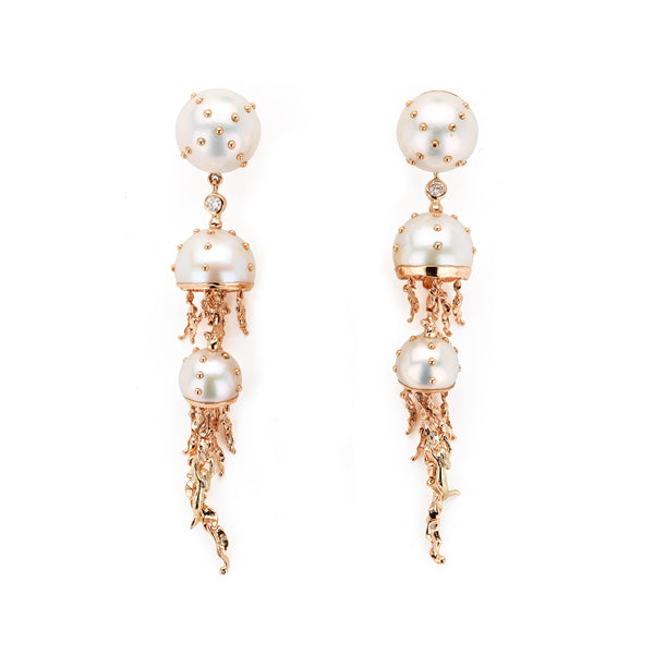 18k rose gold white pearl jellyfish drop earrings with diamonds by Bibi van der Velden Tiny Gods
