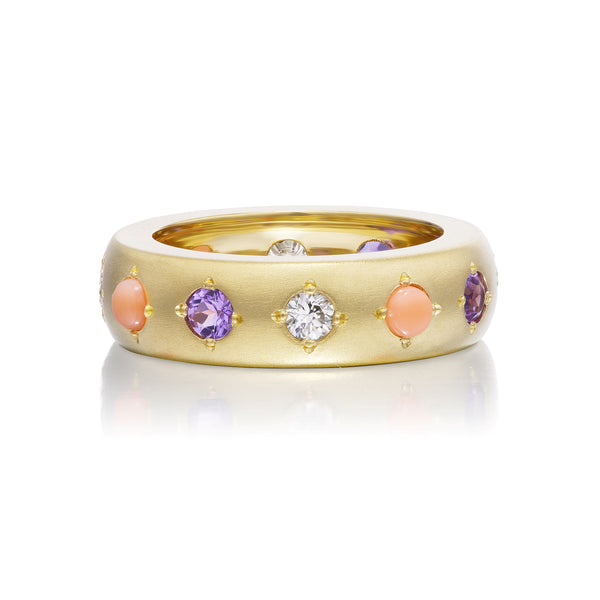 Coral, Amethyst and Diamond Gypsy Ring