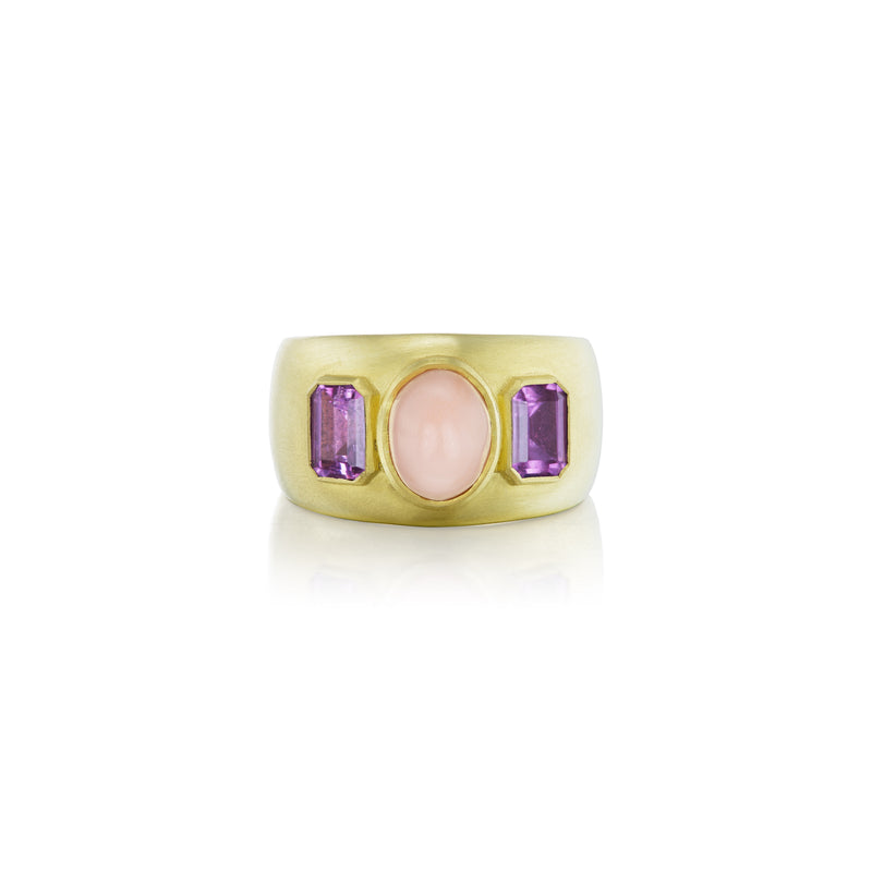 18k yellow gold coral and pink sapphire three stone ring by Jenna Blake Tiny gods