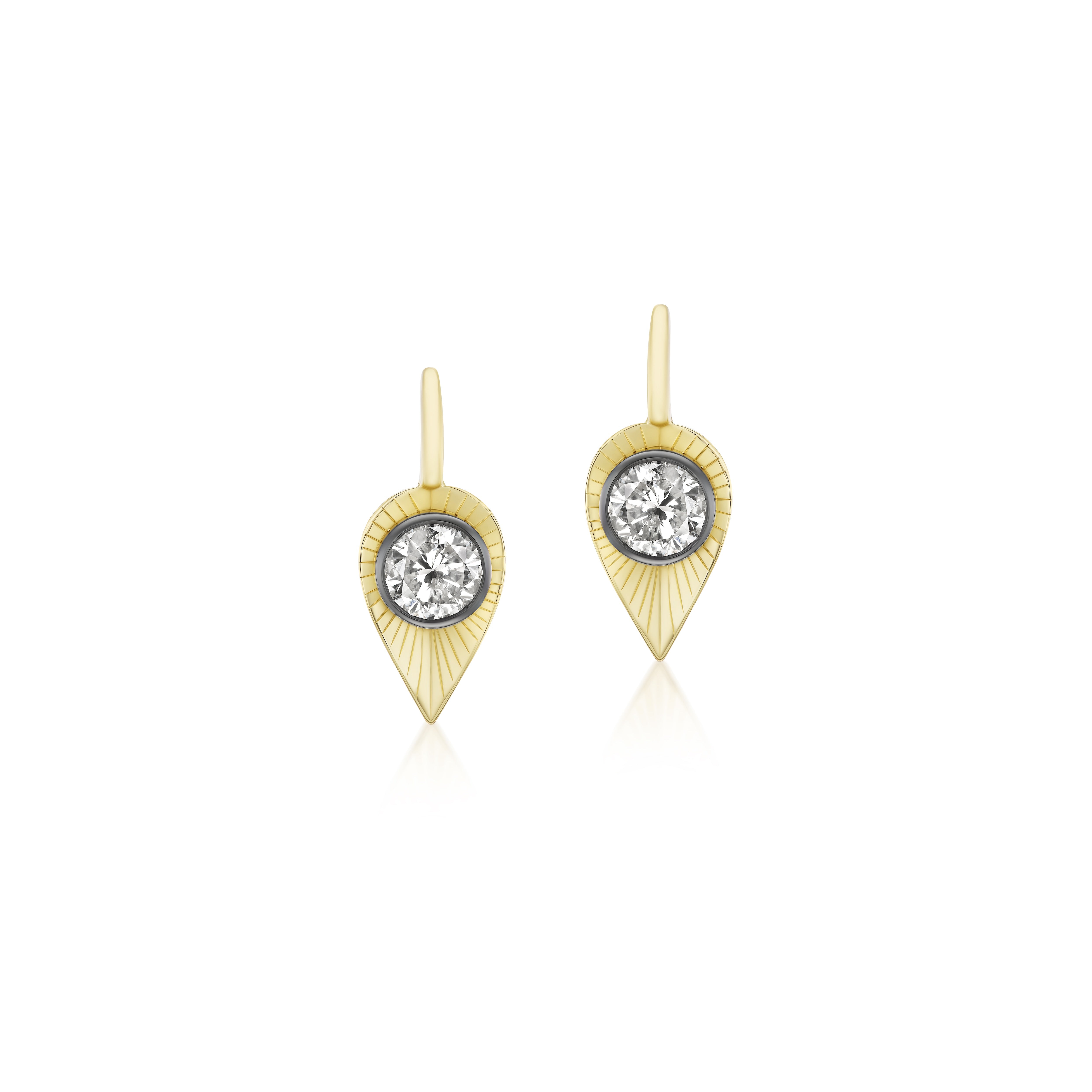 18k yellow gold and black rhodiym 2ct 1ct round brilliant diamond leaf pear drop earrings by Jenna blake Tiny Gods 
