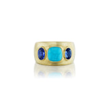 18k yellow gold turquoise and blue sapphire three stone ring by Jenna Blake Tiny Gods