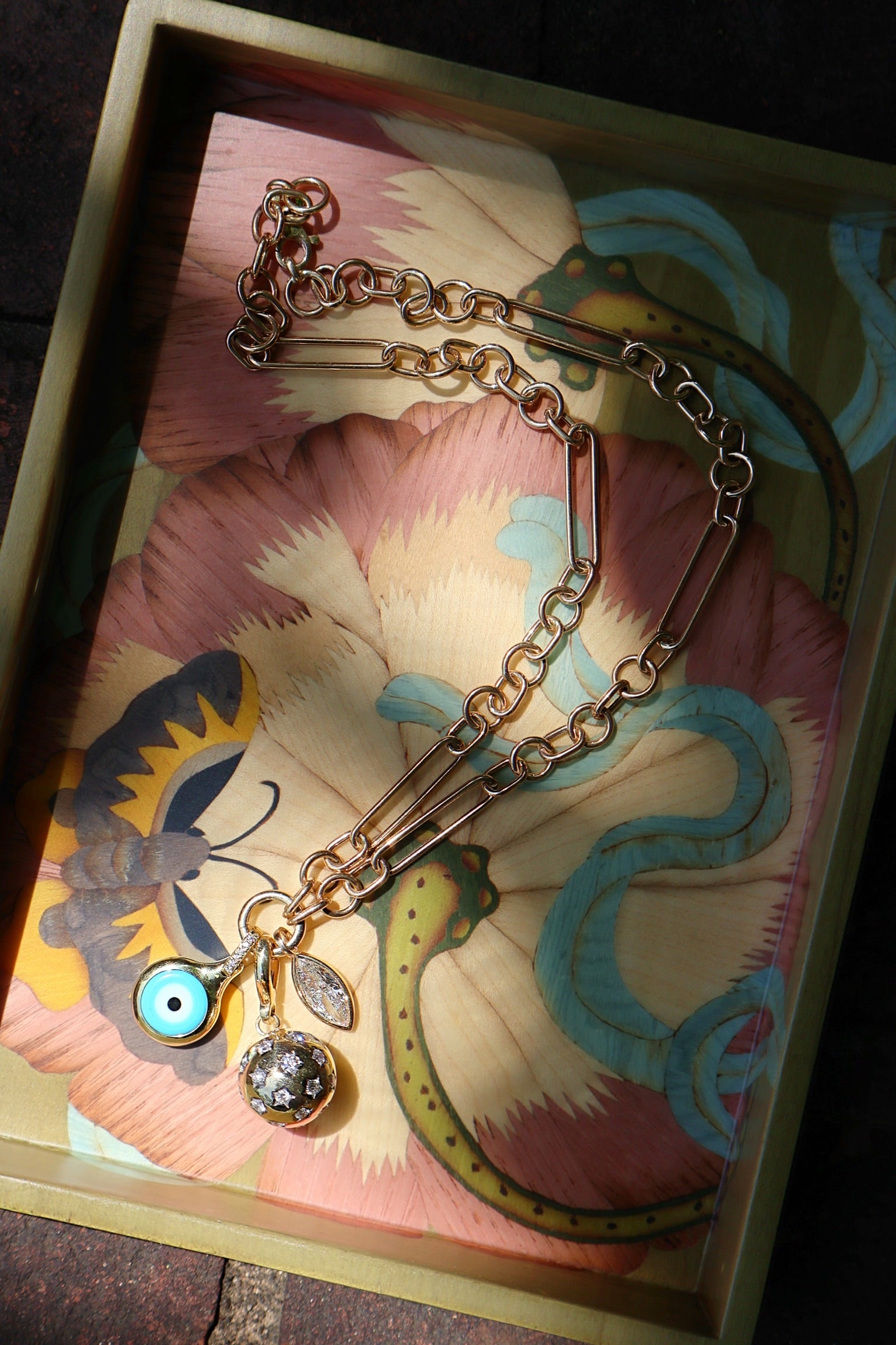 18k yellow gold turquoise evil eye diamond bezel pendant by Jenna Blake Tiny Gods 