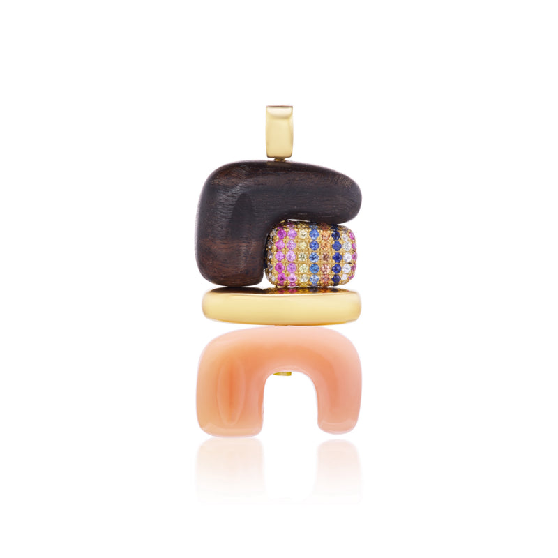 18k yellow gold fire totem with rainbow sapphire ebony wood, pink opal pendant by Joel Kharrat Tiny Gods