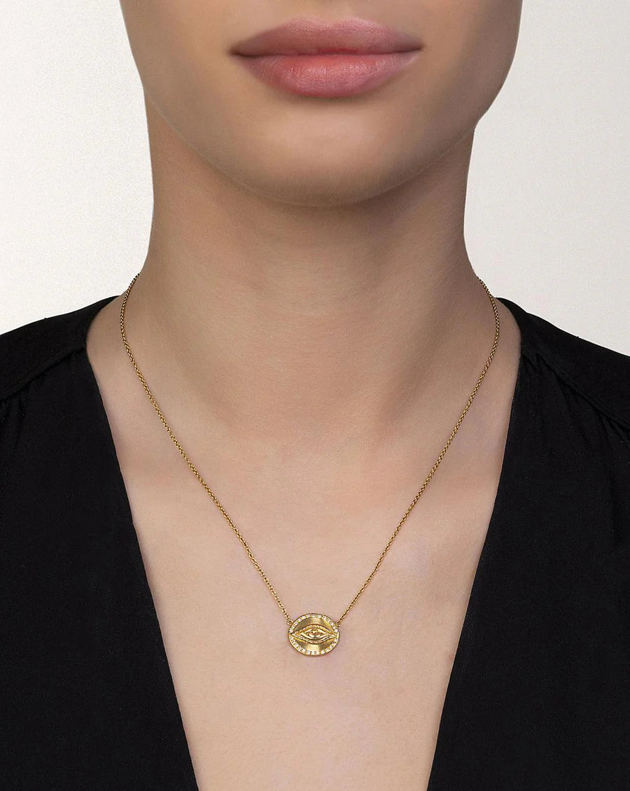 18k yellow gold diamond karma evil eye pendant necklace by Christina Alexiou Tiny Gods