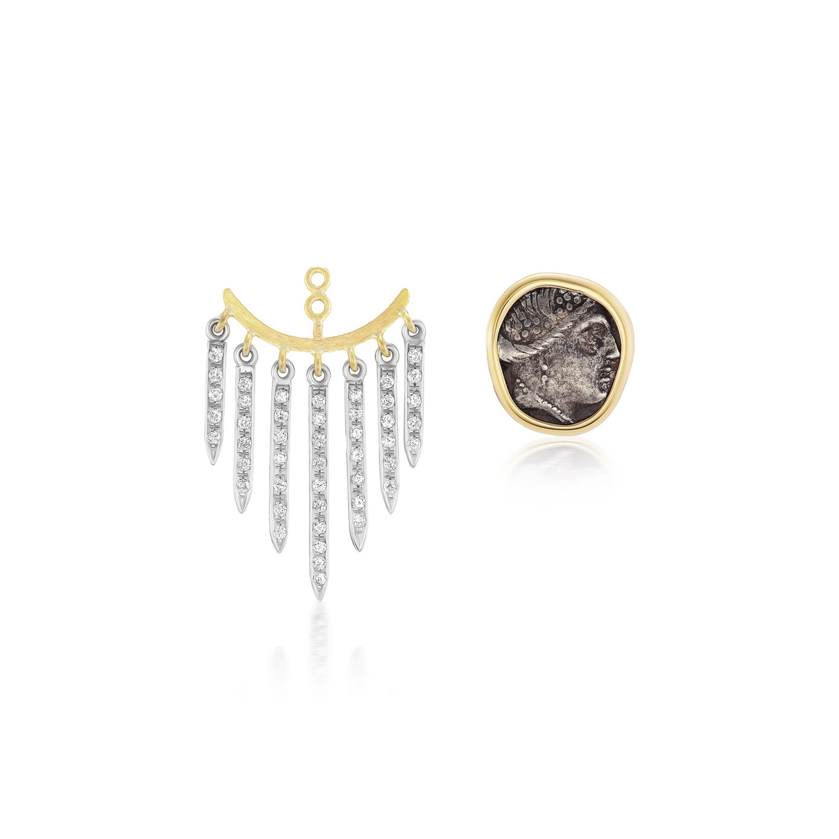 14k yellow gold roman coin fringe drop earrings removable stud with diamond jacket by Kiaia Tiny Gods