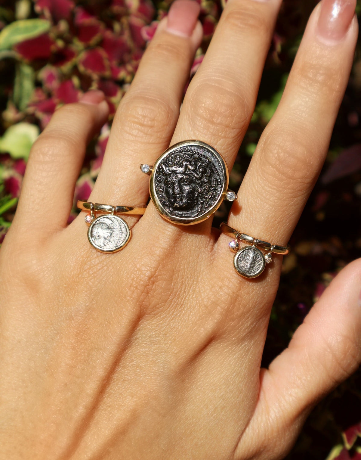 18k yellow gold and sterling silver nymph larissa swivel flip ring with a 4-3 century BC Thessaly bronze coin horse prancing ring by Kiaia Tiny Gods 